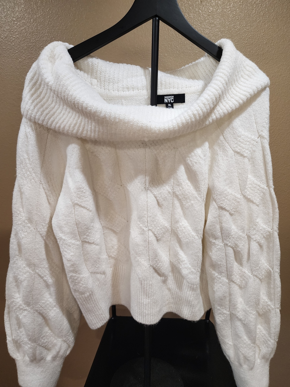 NYC Cream Off-Shoulder Cable Knit Sweater